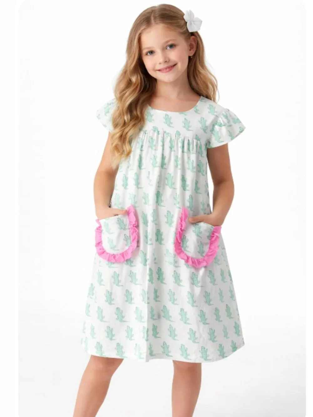 NEW Milk Silk CROCODILE FLUTTER DRESS Puffy Short Sleeves Girls 4 XL/Age8-9 Tall
